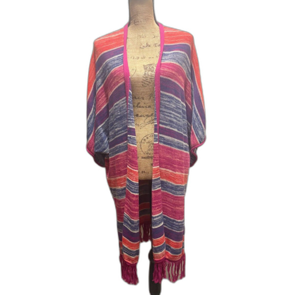 Wrangler Retro Knit Kimono‎ Cardigan Multicolor Fringe Trim Duster Size L/XL - Picture 1 of 5